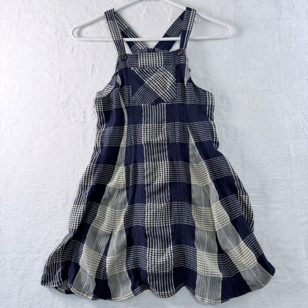 Girls Plaid Jumper Dress Blue White Pinafore Cross Back Esprit Kids Vintage